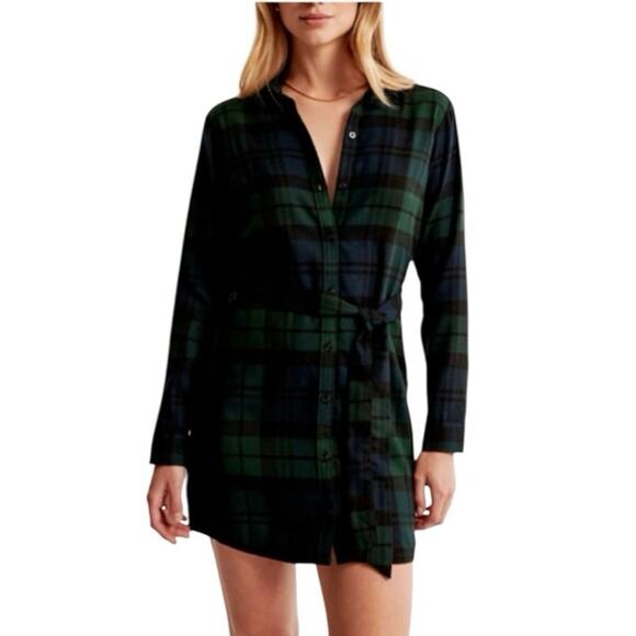 Abercrombie & Fitch Belted Plaid Flannel Shirt Dress Blue Green Size ST - Picture 9 of 9